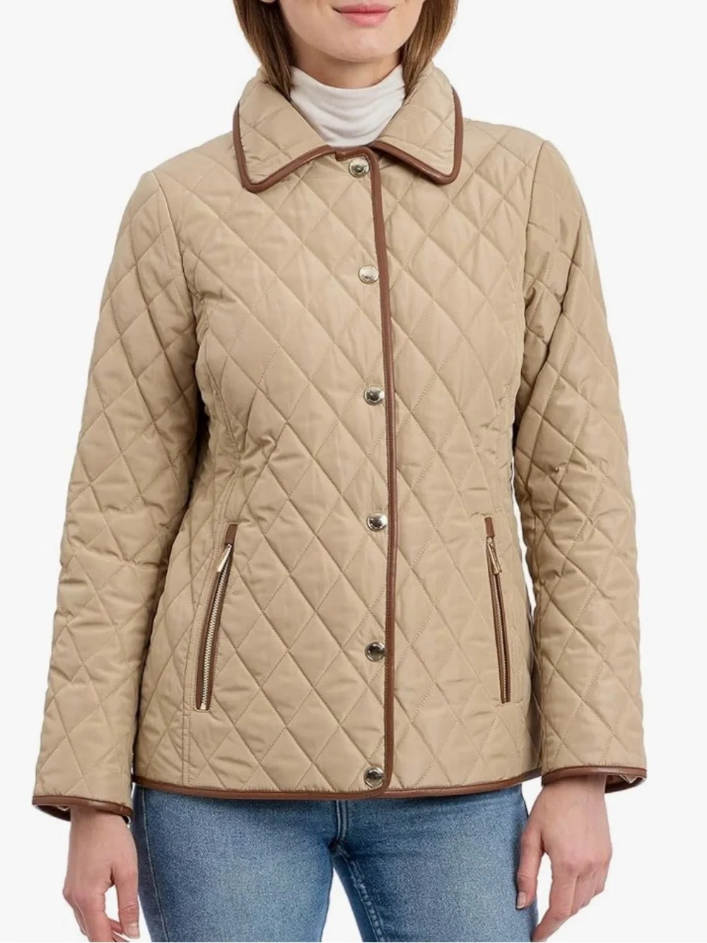 Michael Kors Beige Quilted Puffer Jacket with Brown Trim